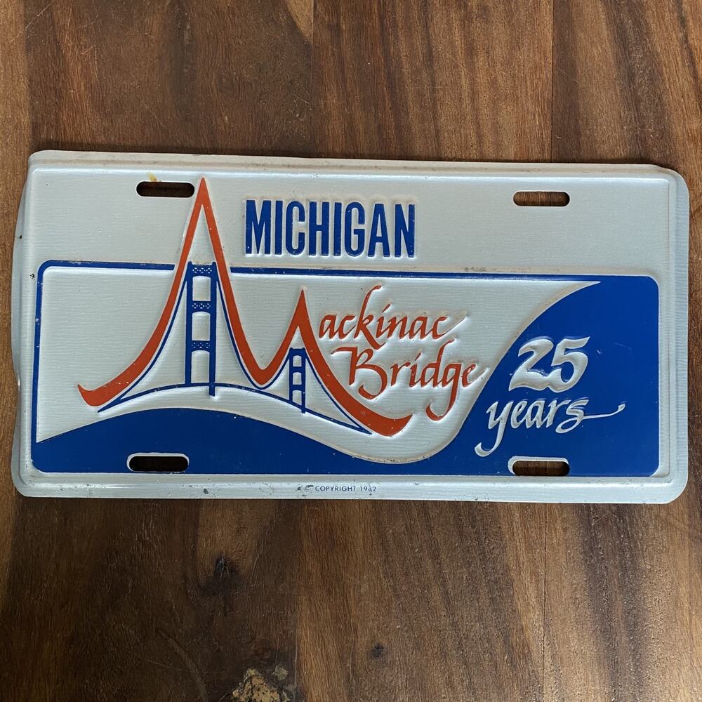 Vintage Michigan Mackinac Bridge 25 Years License Plate 1982 Embossed Metal